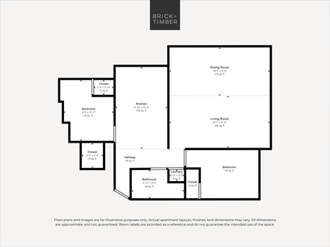 Floor plan for 2 beds, 1 bath, 884 sqft